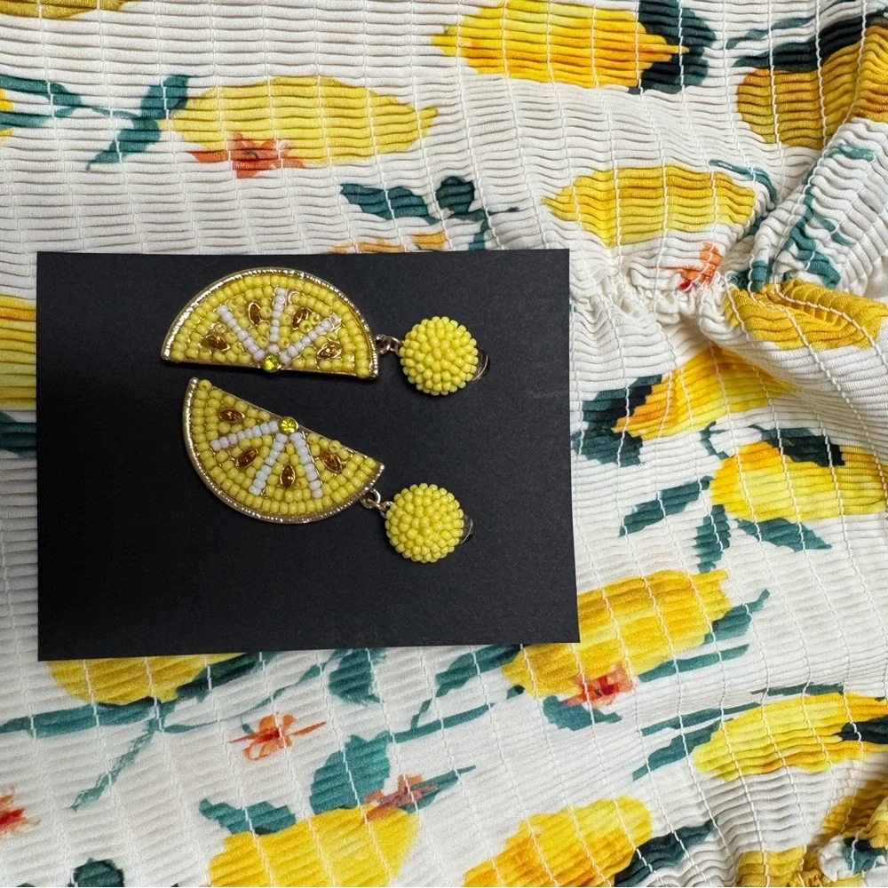 H&M Lemon Print Smocked Sundress White Yellow Sleeveless S Bonus earrings NWT - Picture 11 of 16